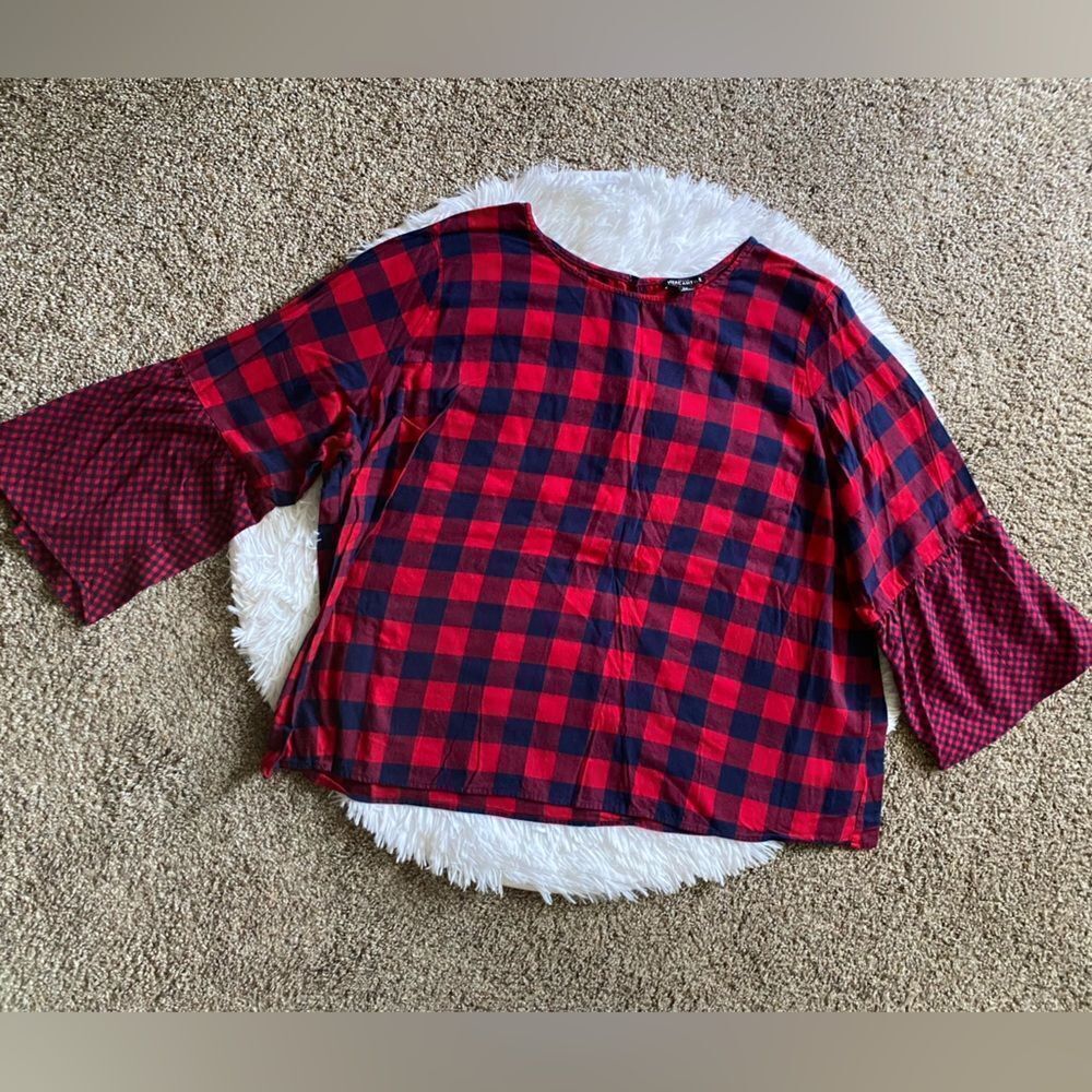 J. Crew Mercantile‎ Plaid Top Womens Size 24 Red Blue Wide Sleeves